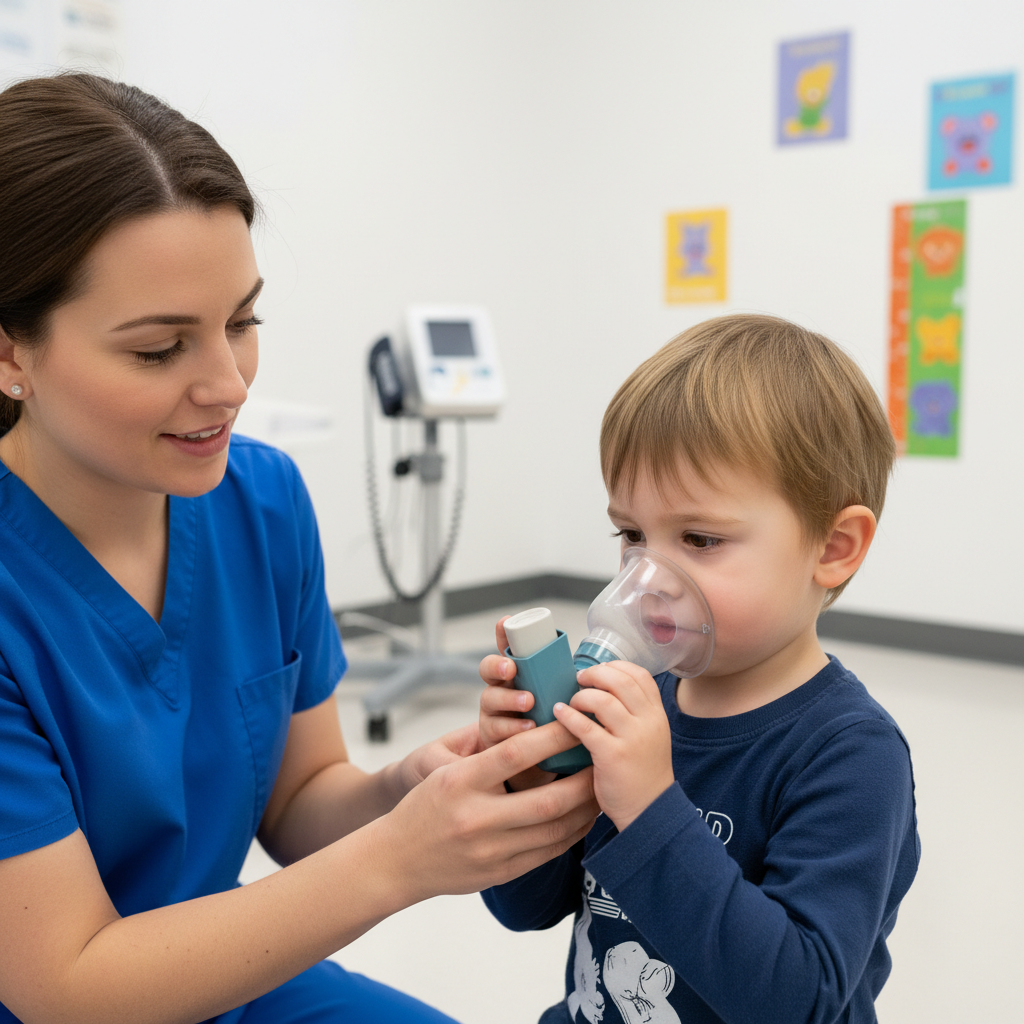 Patient using inhaler with doctor guidance for asthma treatment