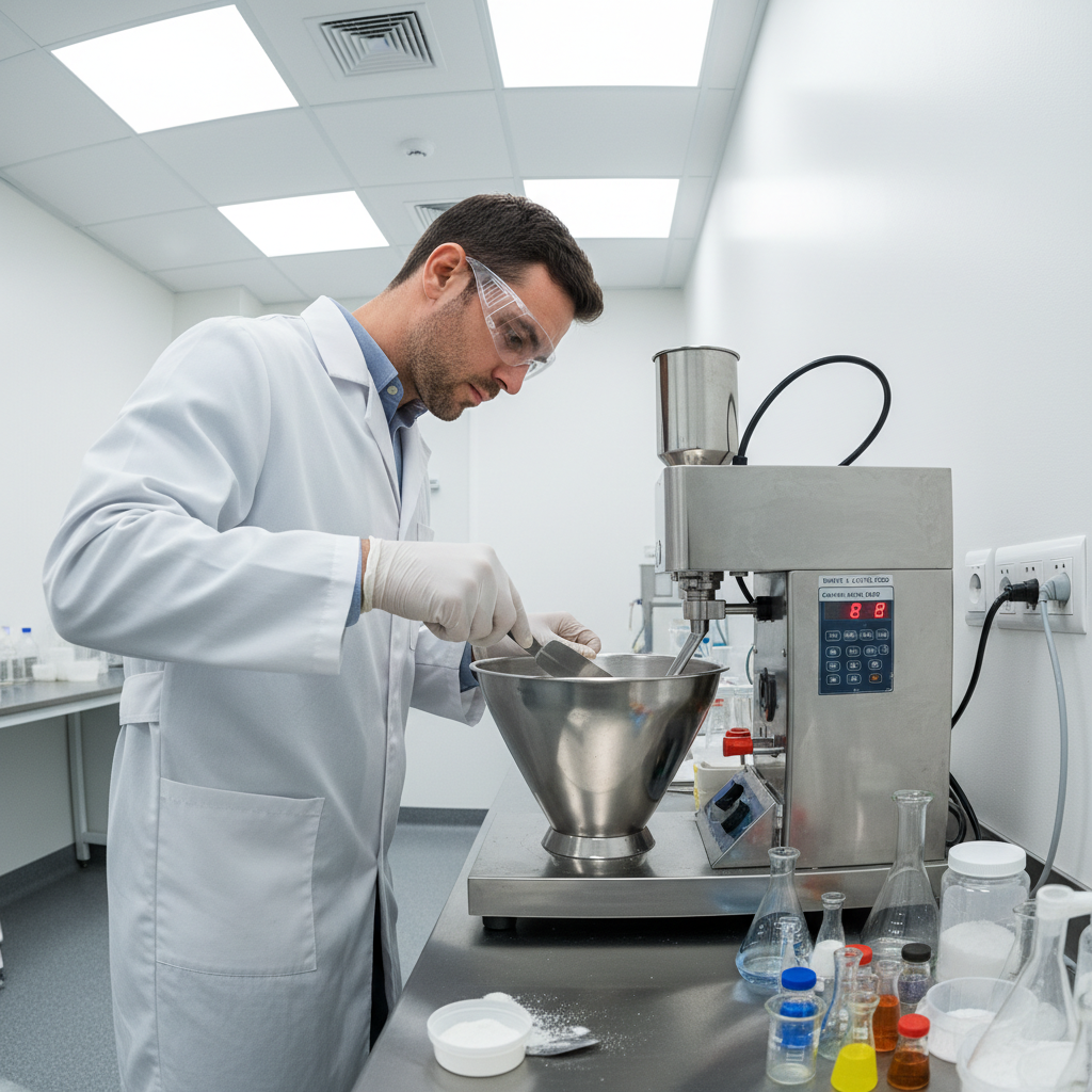 Laboratory scientist formulating livestock supplement, precision mixing equipment, clean facility