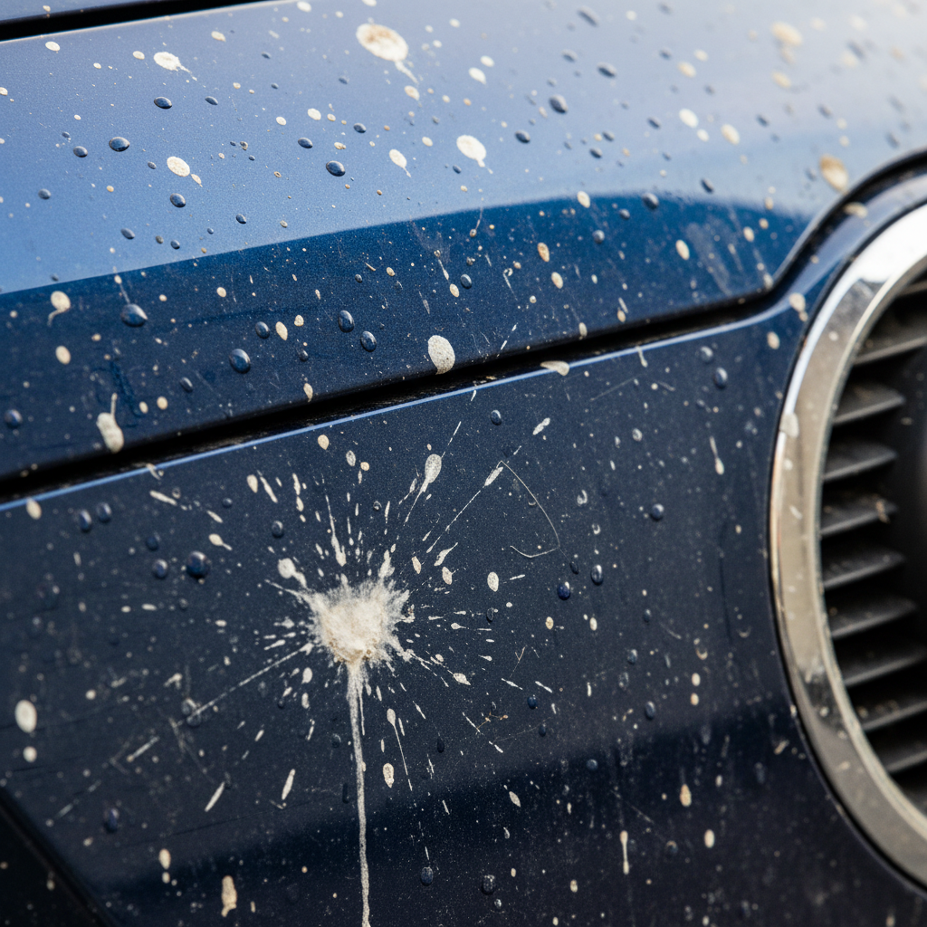 Dusty dirty dark SUV exterior before mobile detailing, grime-covered paint in dim light