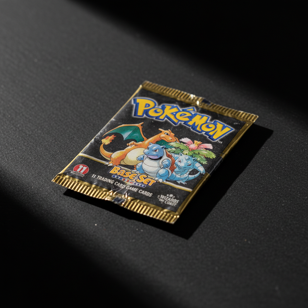 Vintage 1999 Pokémon Base Set booster pack under dramatic spotlight, dark background