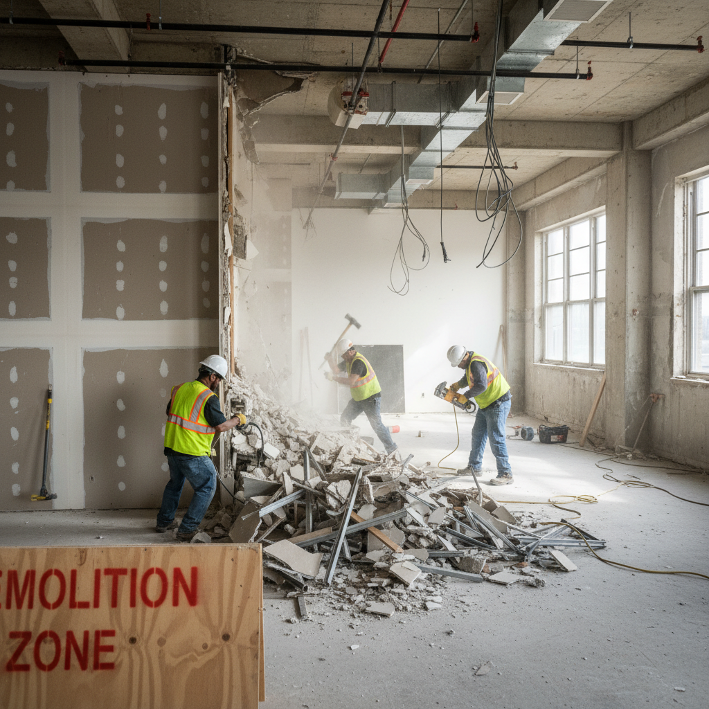 Interior demolition in progress in a Nashville home, exposed studs and debris, crew with safety gear