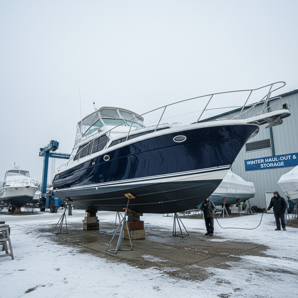 Tiara 3100 express cruiser in yard during winter haul-out, blue hull freshly washed