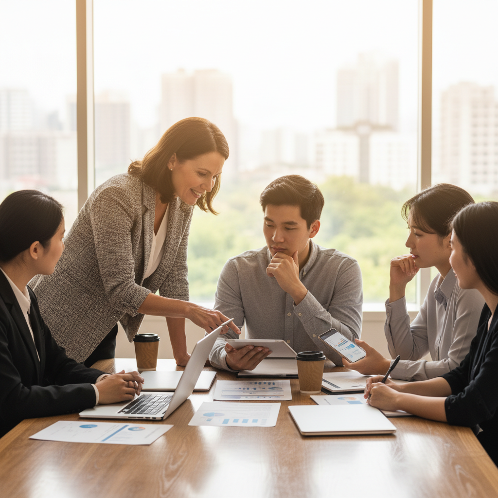 Diverse business team collaborating around a table in a bright modern office