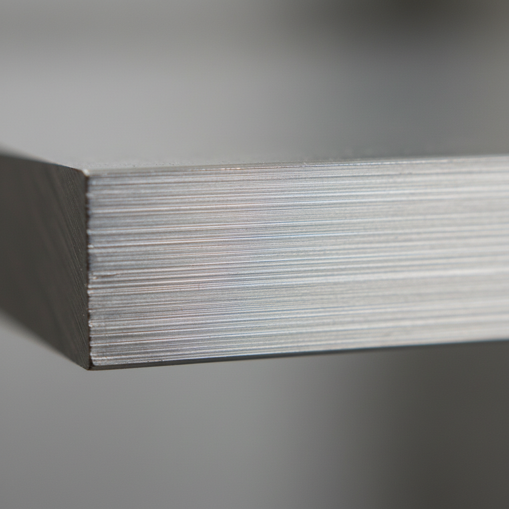 Aluminum laser cut edge macro photograph showing fine parallel striations aligned to cut direction