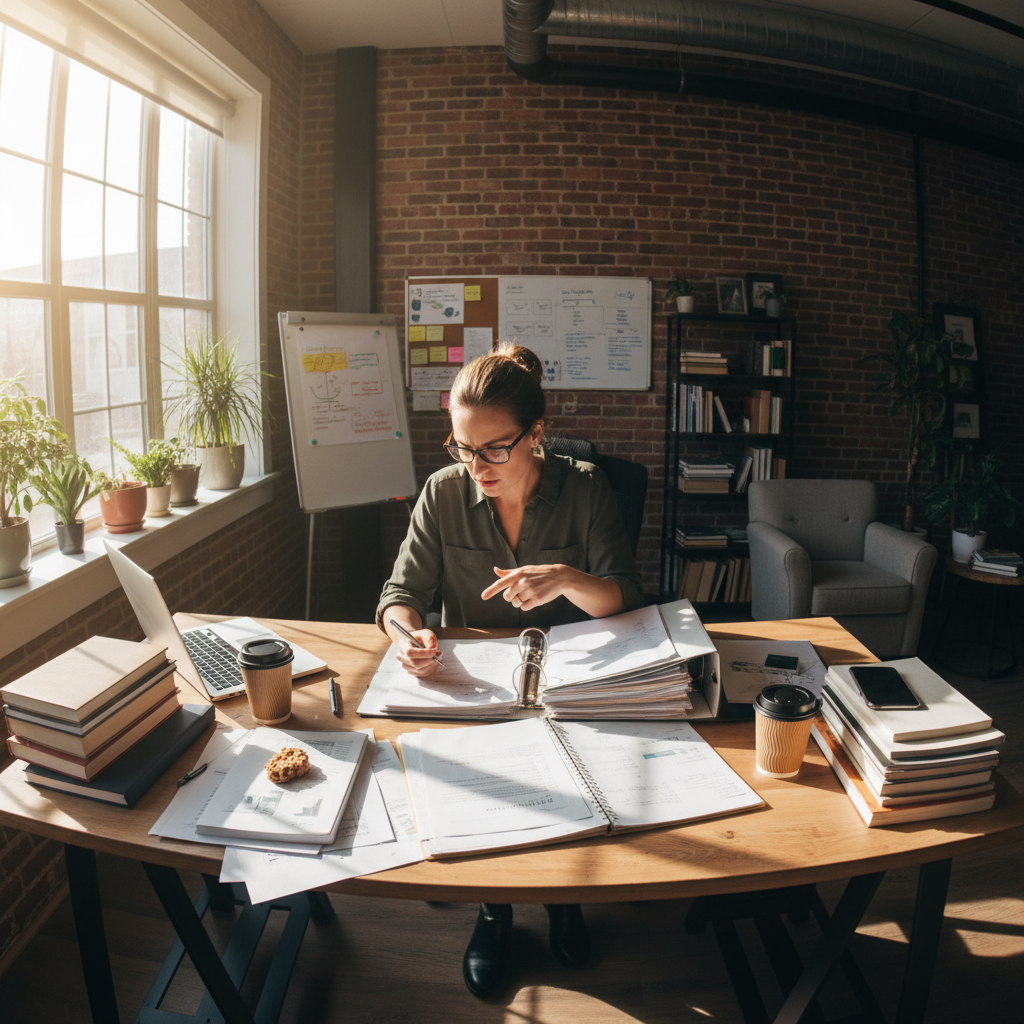 Small business owner reviewing documents at a desk with papers spread out