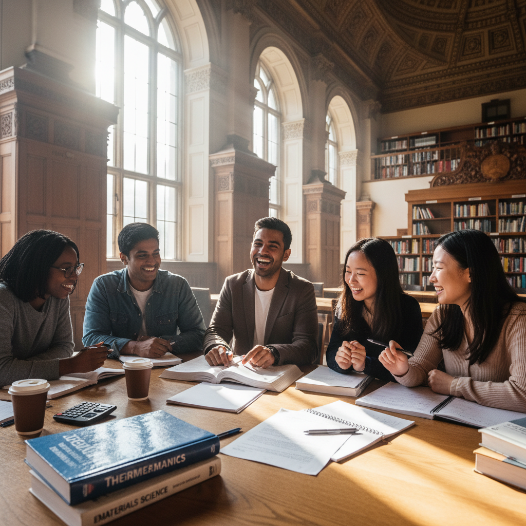 Diverse group of university students sitting together in a bright campus library, laughing and studying