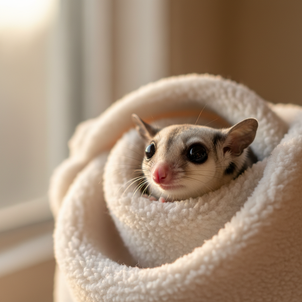 A sugar glider peeking from a cozy fleece pouch held in gentle hands, cautious but calm expression, soft natural light