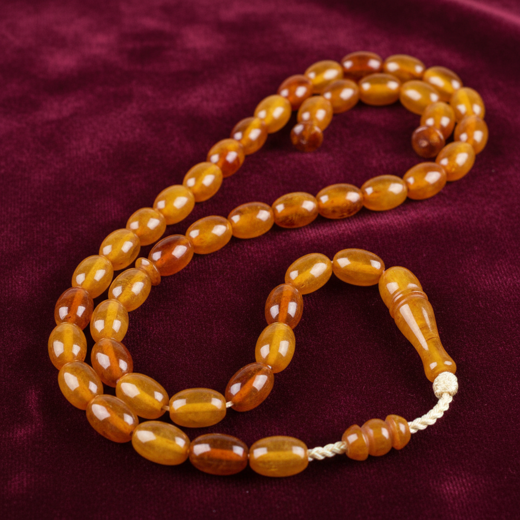 Deep amber prayer beads on white background, warm honey tones glowing in soft light