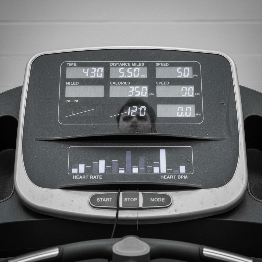 Desaturated treadmill dashboard showing monotonous workout metrics