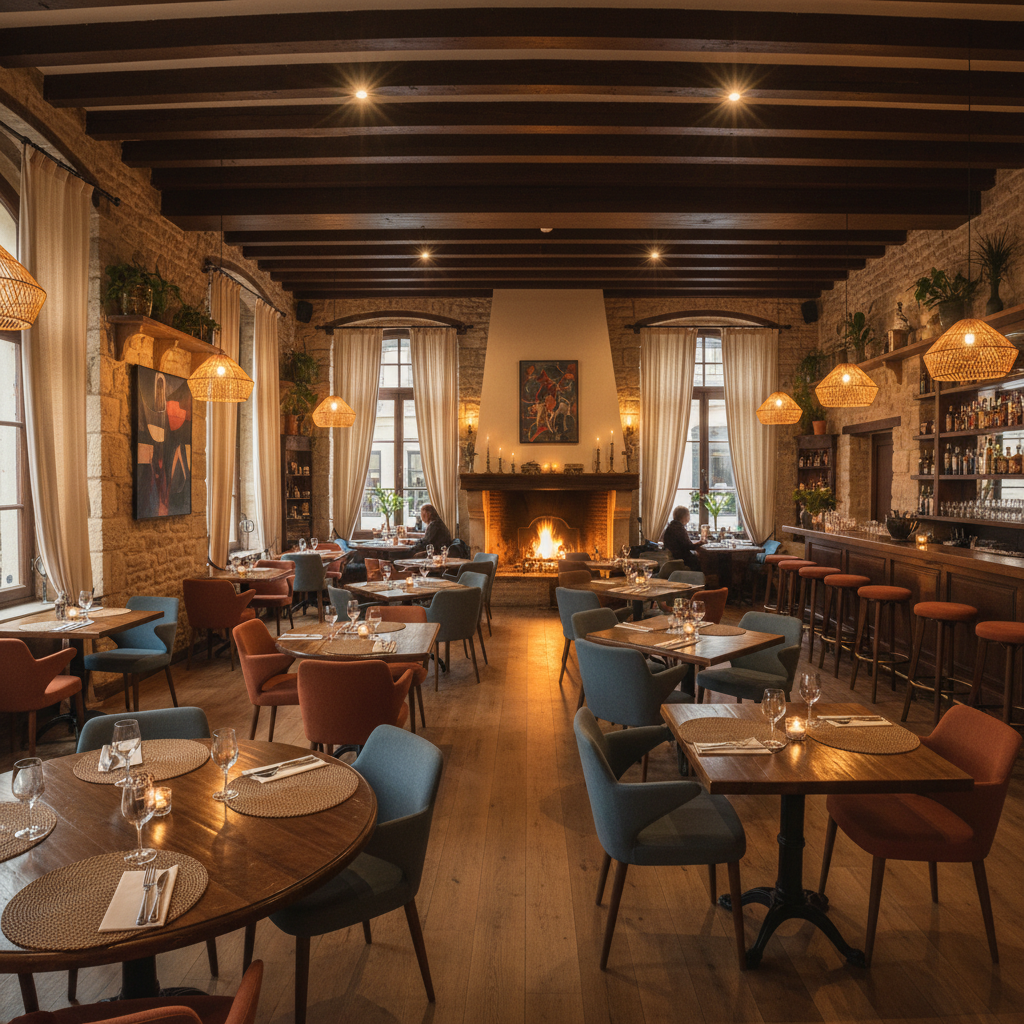 Warm restaurant interior with wooden tables and soft lighting creating a welcoming dining atmosphere