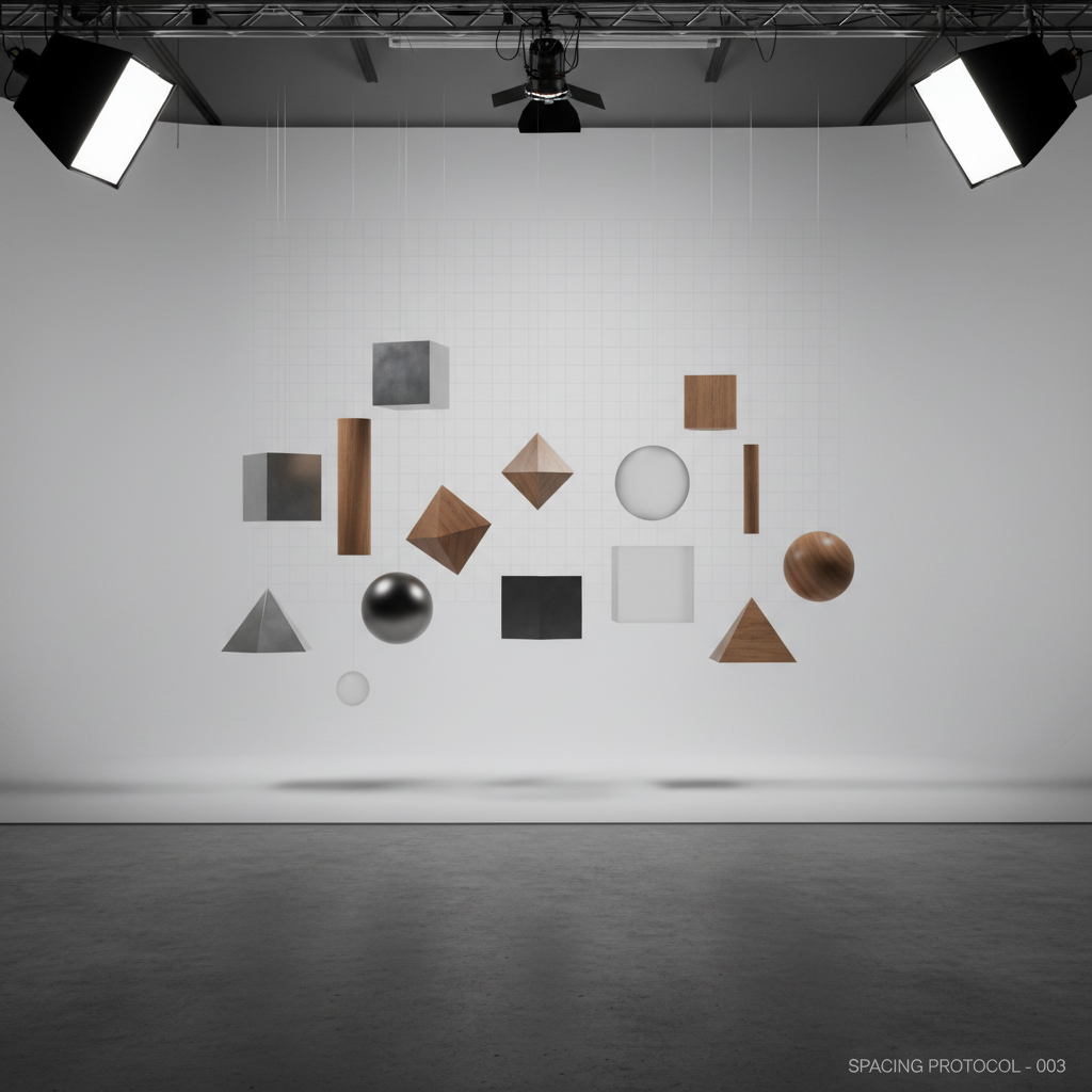 Array elements suspended in studio for spacing test