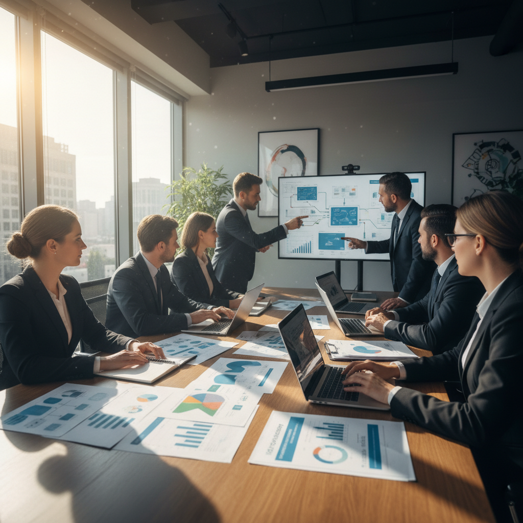 Business professionals in strategic meeting reviewing financial restructuring documents