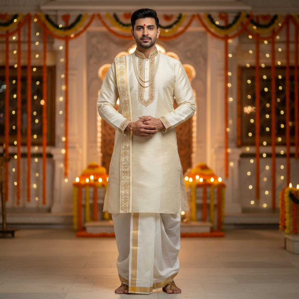 Child in white Khadi dhoti kurta, traditional Indian festive clothing, clean background