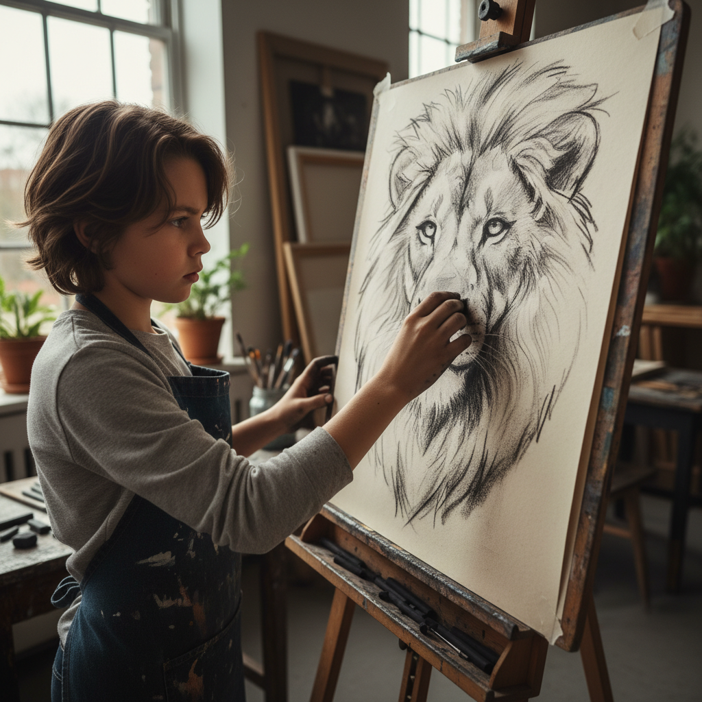 Older child working on detailed charcoal drawing with confident strokes on large paper
