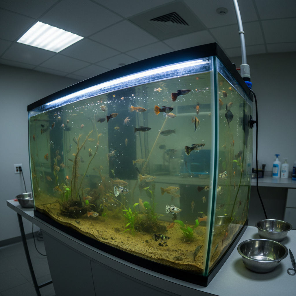 Veterinary clinic aquarium with visibly stressed fish and parasitic infection