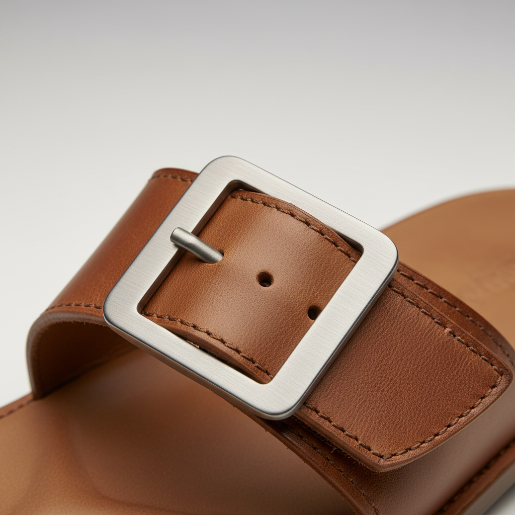 Bright studio close-up of brass hardware buckle on leather strap, clean minimal well-lit surface