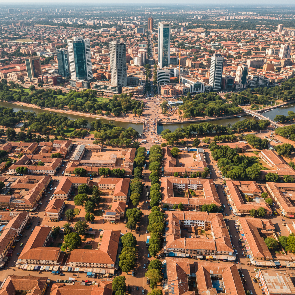 Aerial view of modern African city skyline at night with bright lights and dense urban infrastructure dark atmospheric