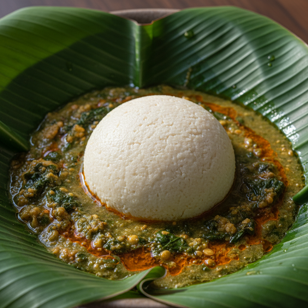 Fufu ball in green egusi soup with palm oil on banana leaf plate
