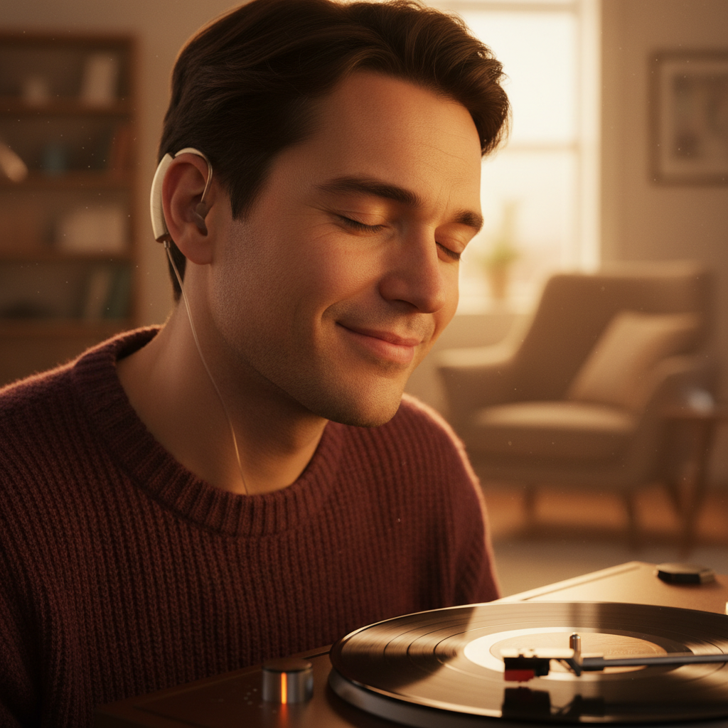 Person listening to vinyl record player with eyes closed, hearing aid catching warm light, premium audio experience