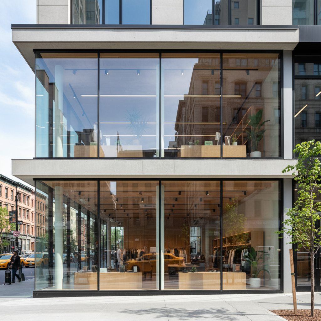 Retail storefront with large glass windows and clean entrance, showing professional pressure washing results on commercial property