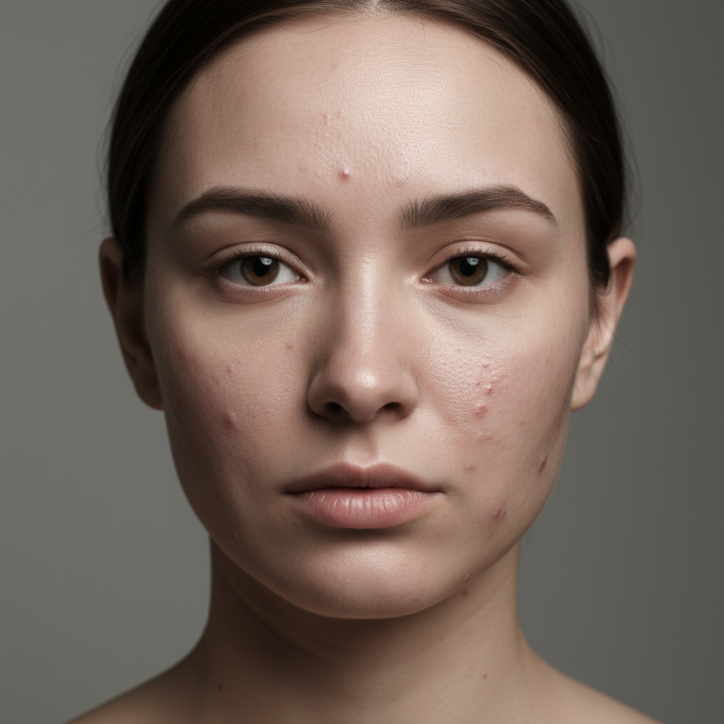 Diana before treatment showing acne scarring and skin dullness under studio lighting