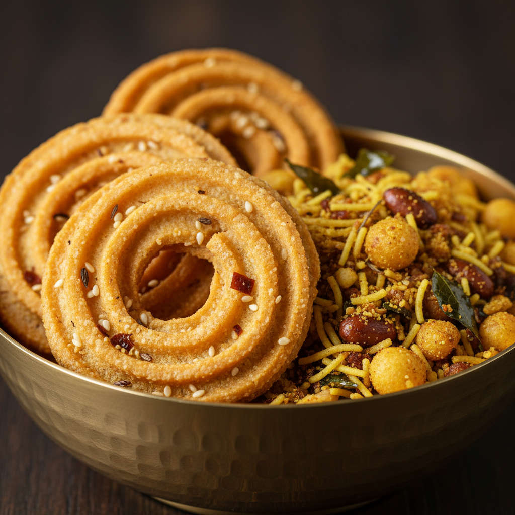 Assorted golden namkeen snacks including spiral murukku and sev mixture in rustic terracotta bowls