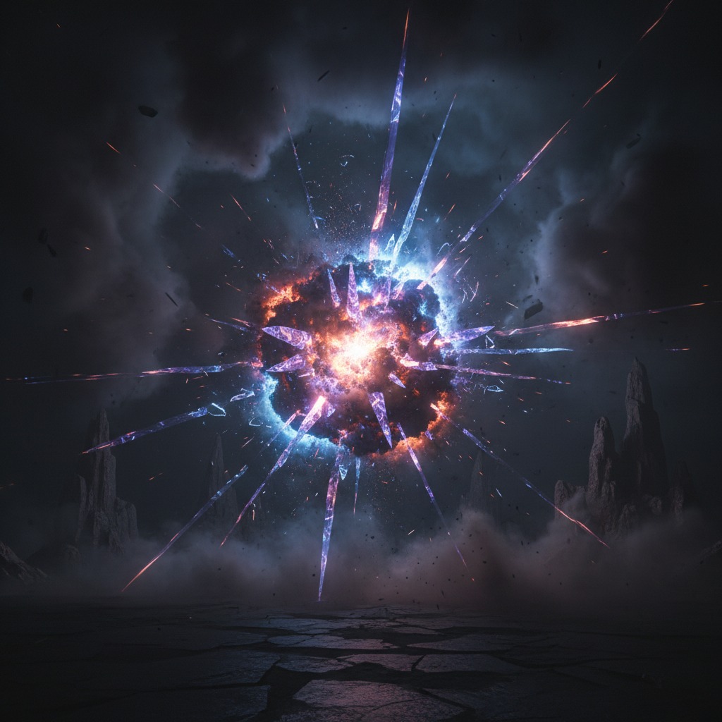 Dark dramatic explosion with shattered crystal light beams in deep atmospheric shadows