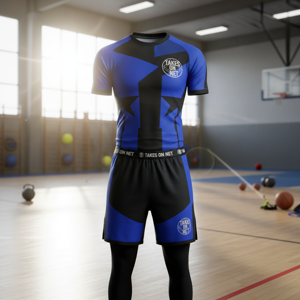 Takes on Net sports brand — bright sports gym setting, athletic product photography, energetic fitness environment