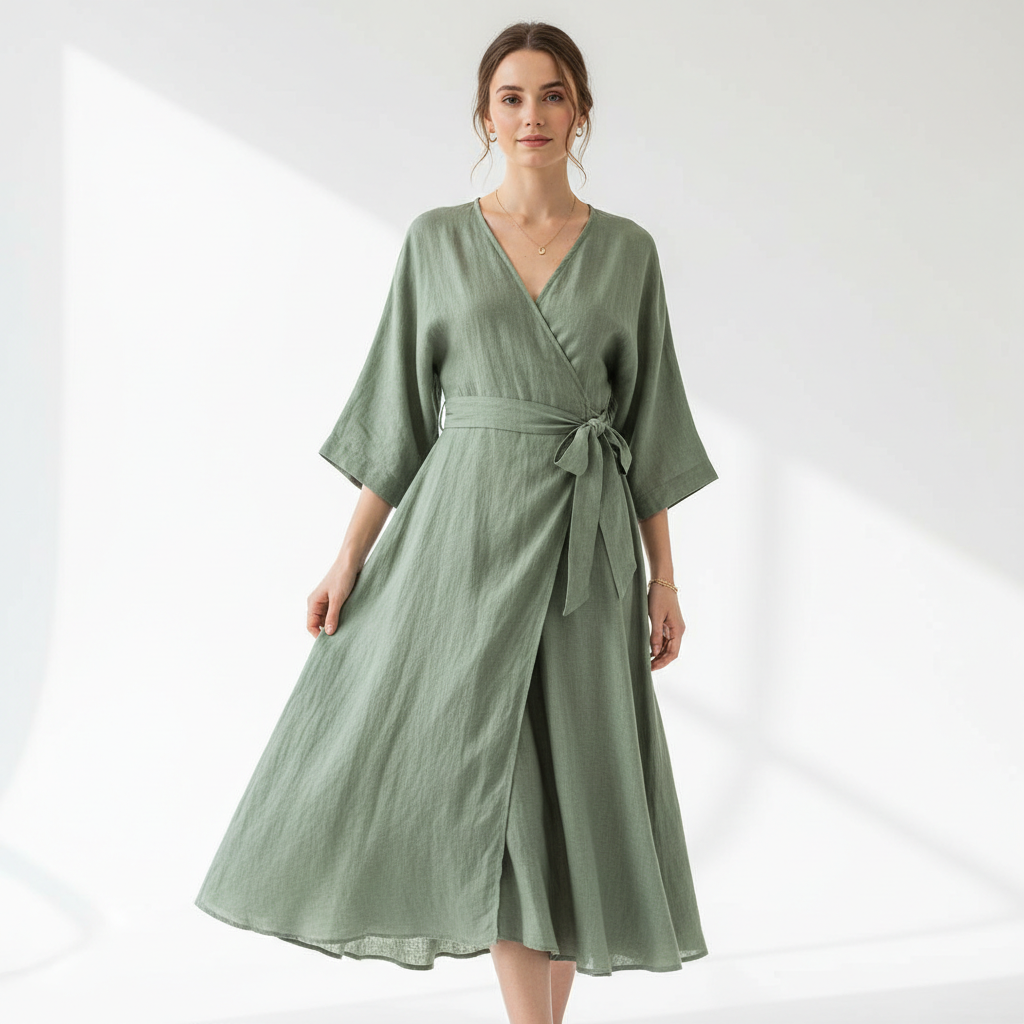 Flowing sage green silk midi dress on model, bright natural light, editorial fashion shoot