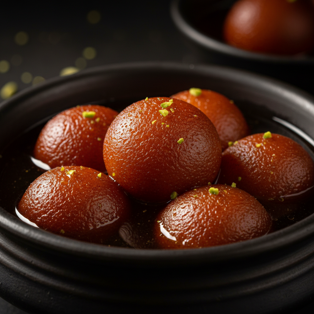 Gulab jamun in syrup in silver bowl, dark background, warm amber tones, festive dessert