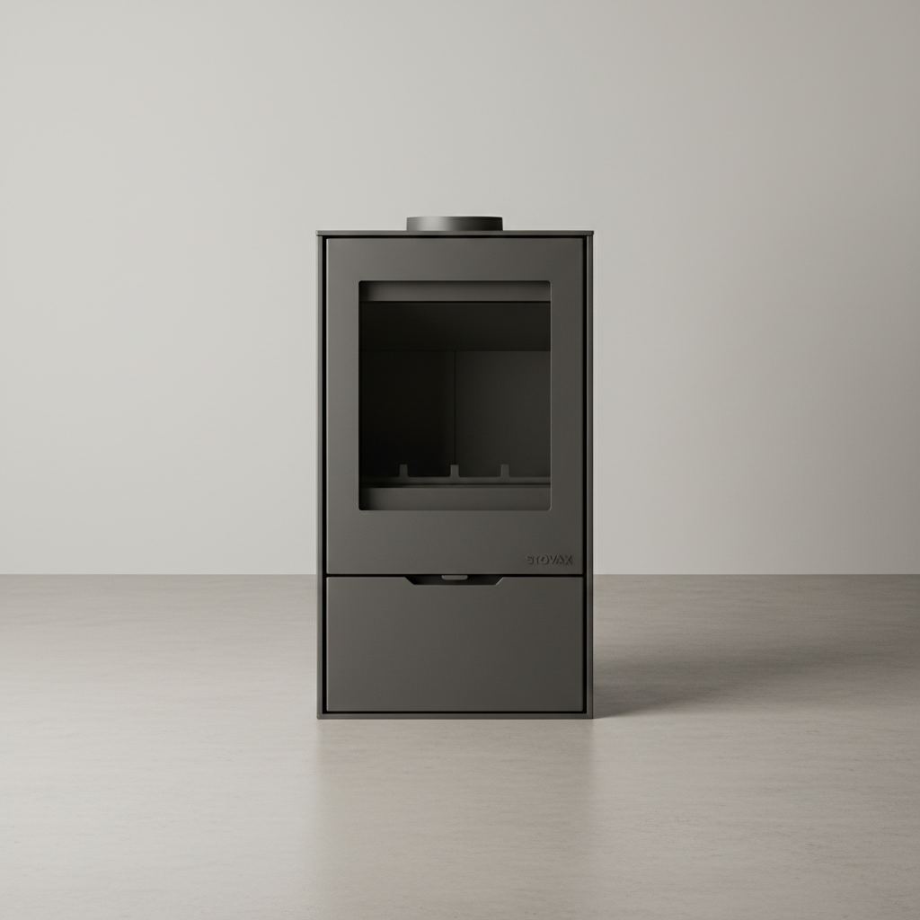 Stovax Riva2 40 slim wood burning stove, modern rectangular design, grey enamel