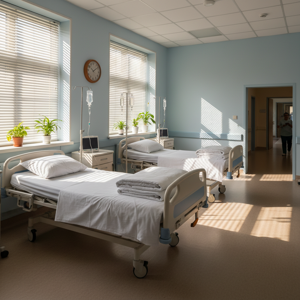 Soft warm bedroom with gentle afternoon light, cream linens, peaceful home setting, muted warm tones, no clinical equipment