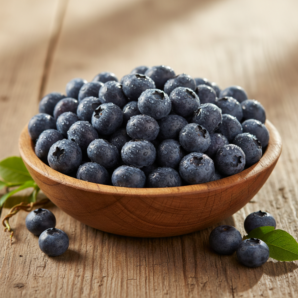Plump fresh blueberries in a wooden flat container, dewy and vibrant blue-purple in morning light