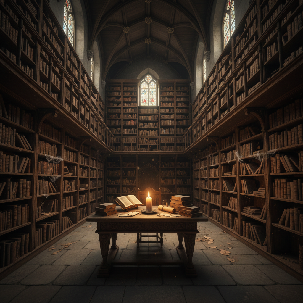 Ancient library with floor-to-ceiling dark wood shelves filled with leather-bound books in Renaissance palazzo room