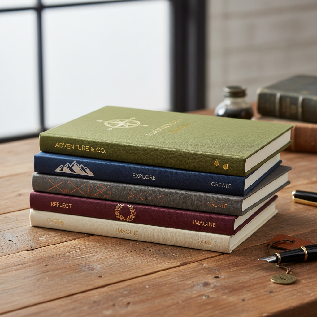 Stack of premium blue and white notebooks on clean white desk