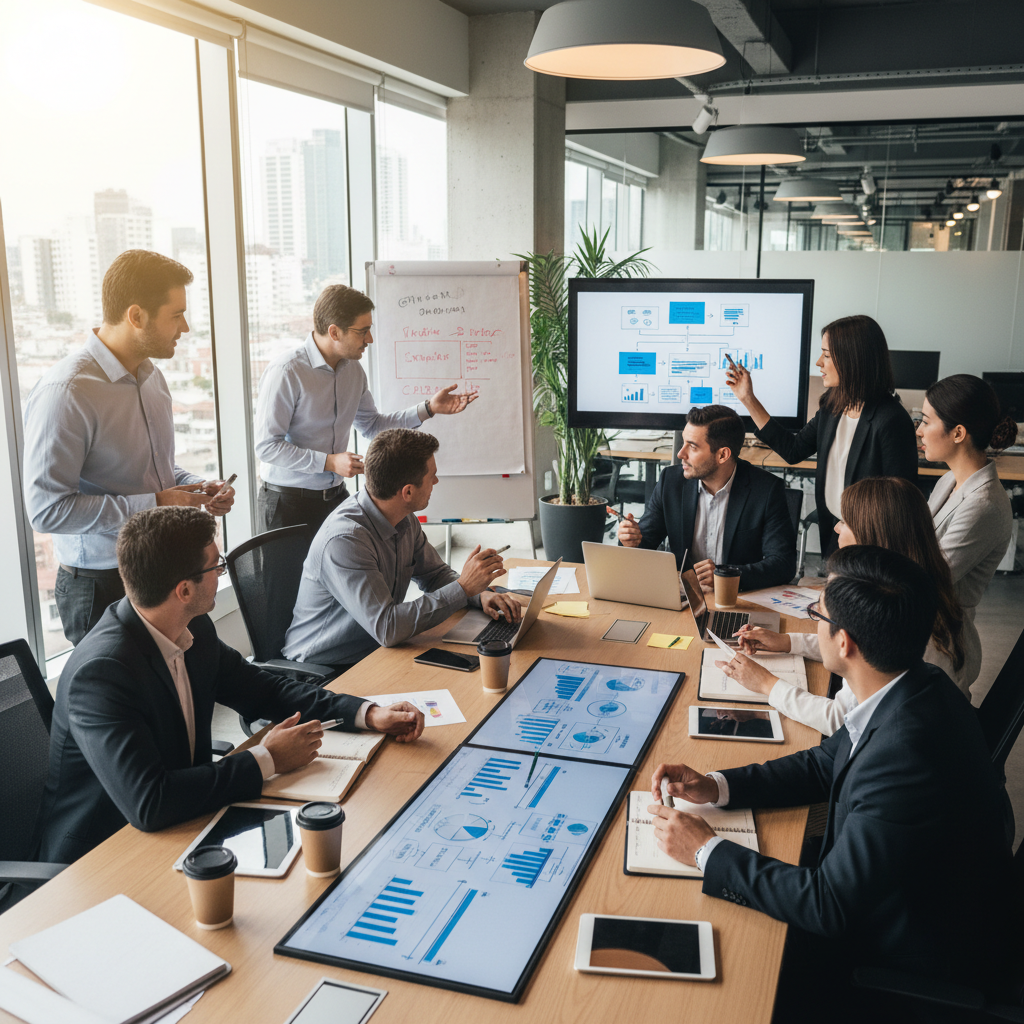 Business professionals and employers collaborating in a modern office environment