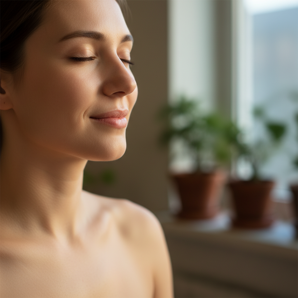 Peaceful woman meditating in lotus position outdoors in nature with eyes closed and serene expression showing inner peace