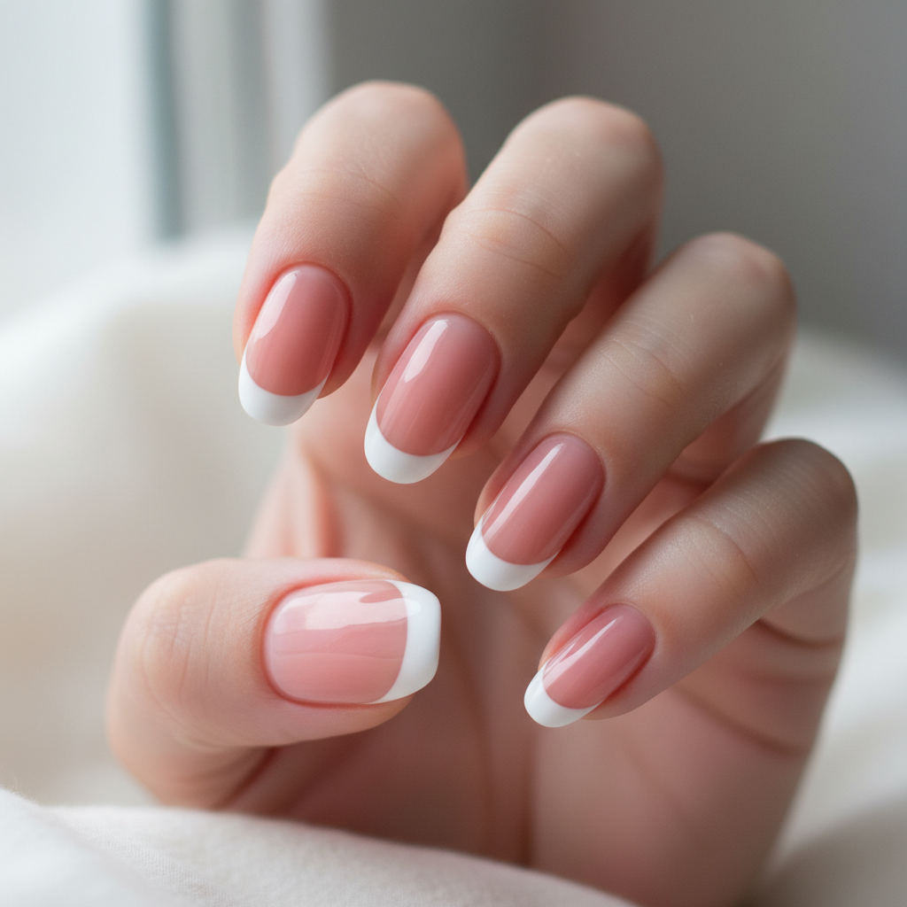 Soft pink French manicure close-up on well-lit hands, clean white background