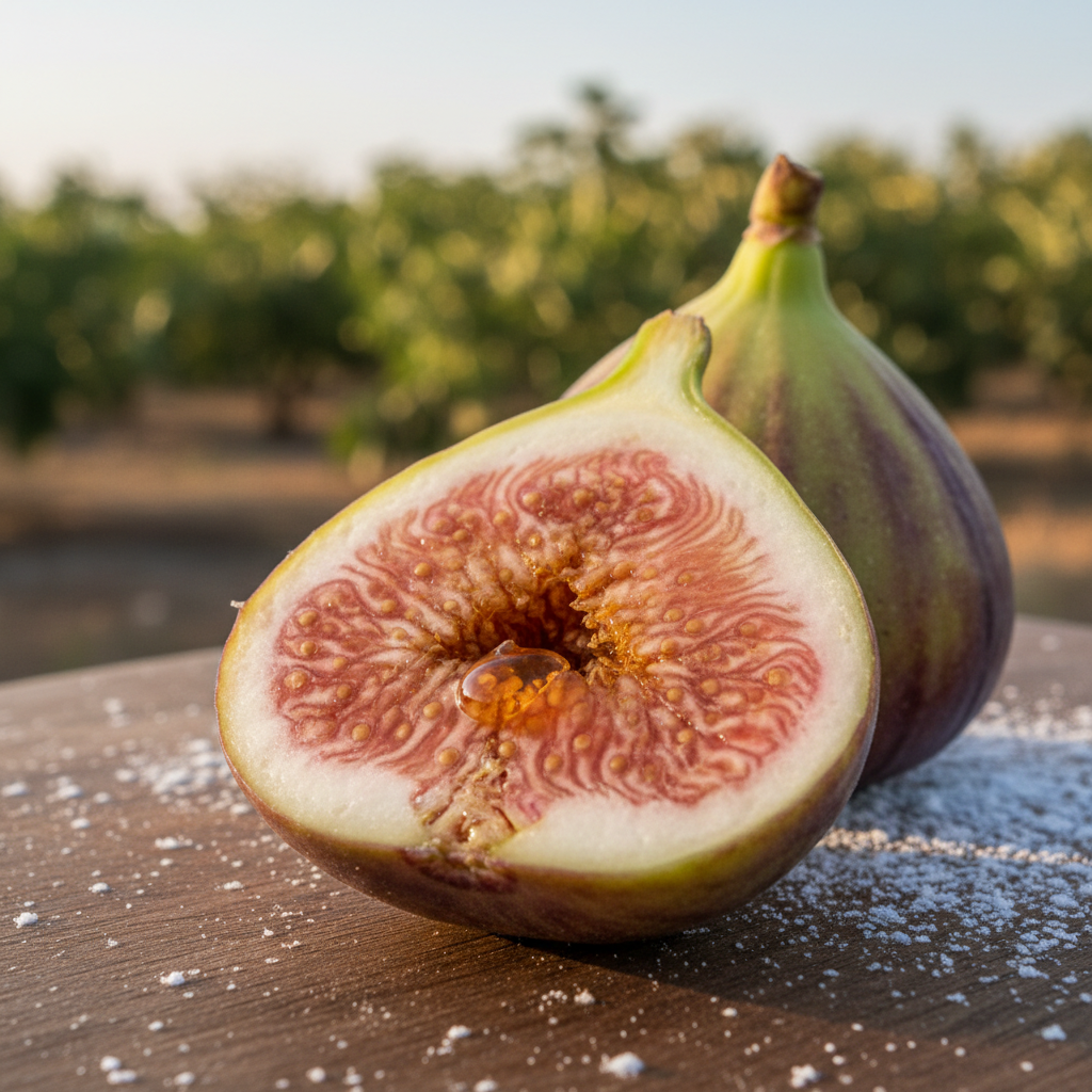 Adriatic white fig cross-section showing pale pink-white flesh with green exterior, highest Brix of the grove