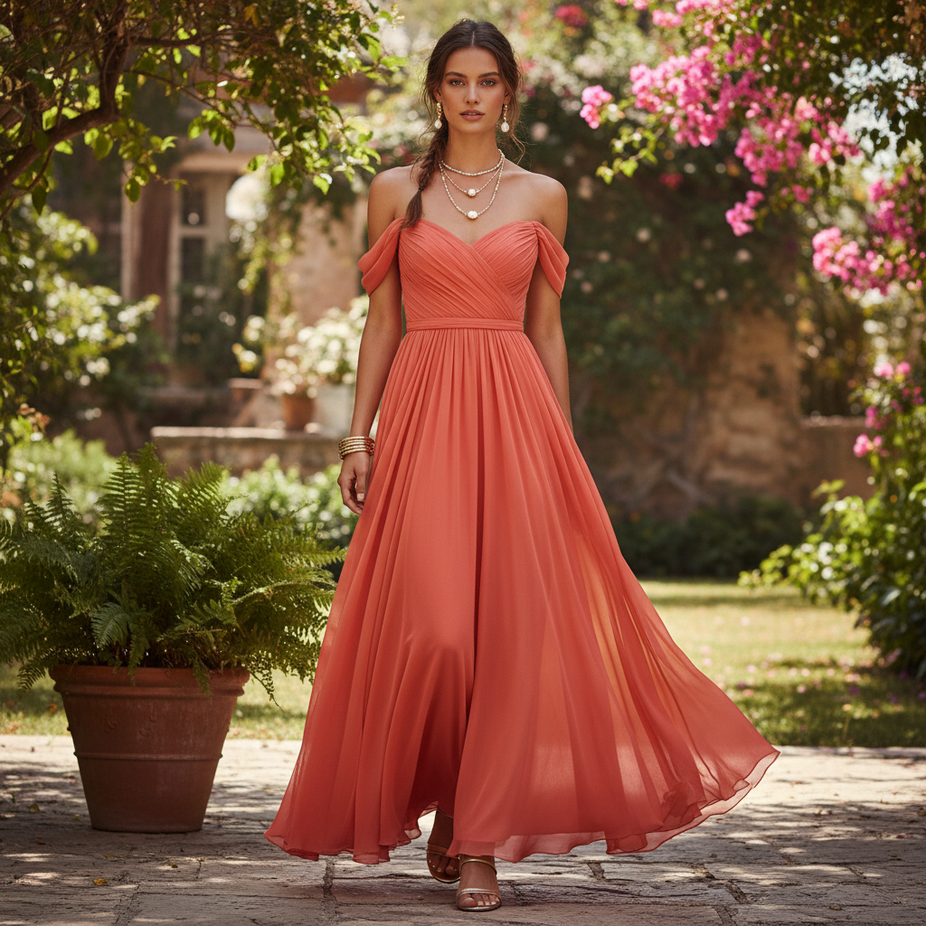 Full length view of model wearing the dress in outdoor tropical setting