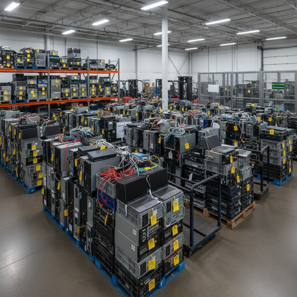 Corporate warehouse with stacked server racks and IT equipment ready for disposal