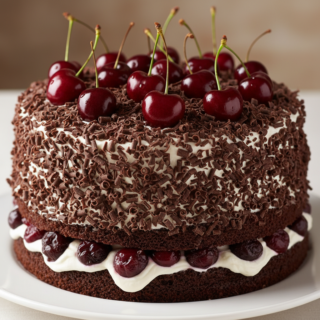 Black forest cake with dark chocolate layers, whipped cream and cherries, dramatic studio lighting, rich dark tones