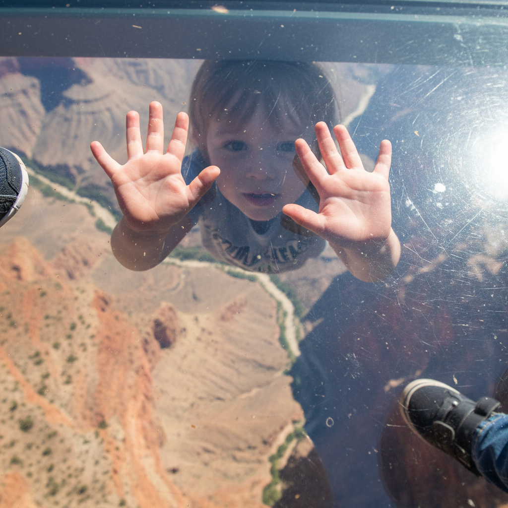 Close-up of child pressing hands against glass floor of observation deck, looking down into canyon depths below