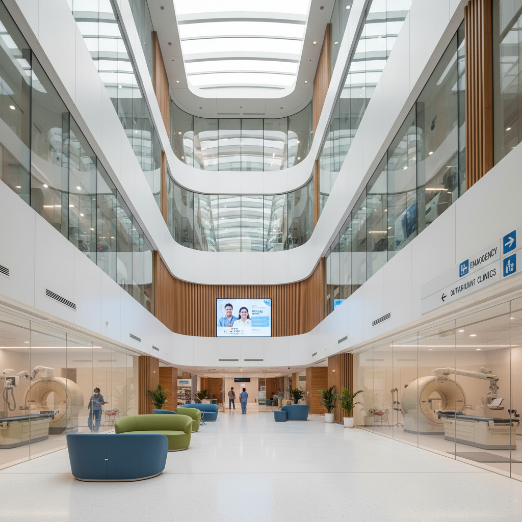 Bright hospital atrium with large glass skylight flooding interior with natural light, clean white architecture, healing environment