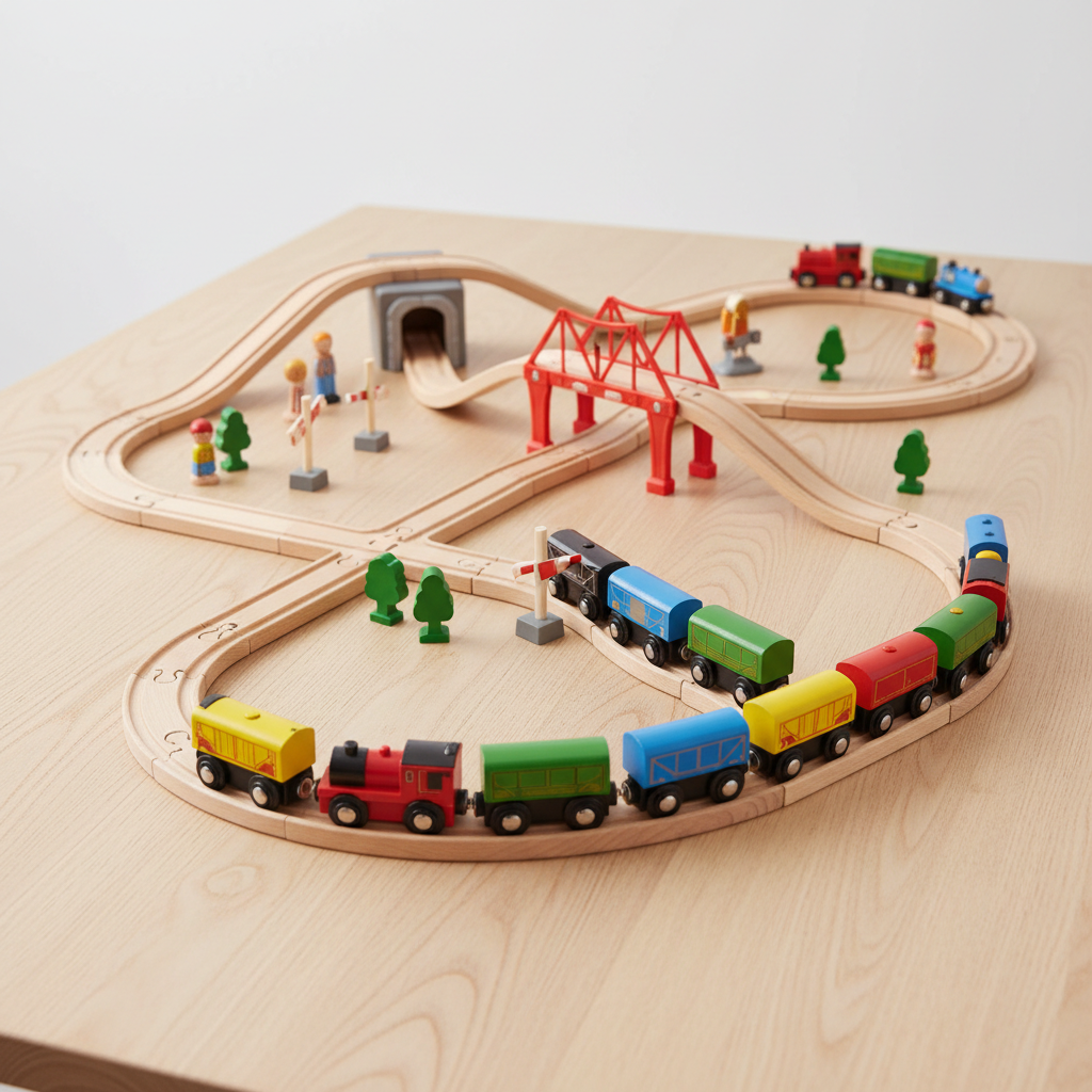 Complete Brio wooden train set with all tracks, bridges, and train cars cleaned and verified