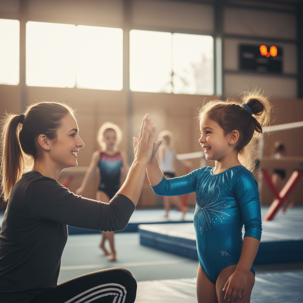 Child and coach high-fiving at eye level after completing a gymnastics skill