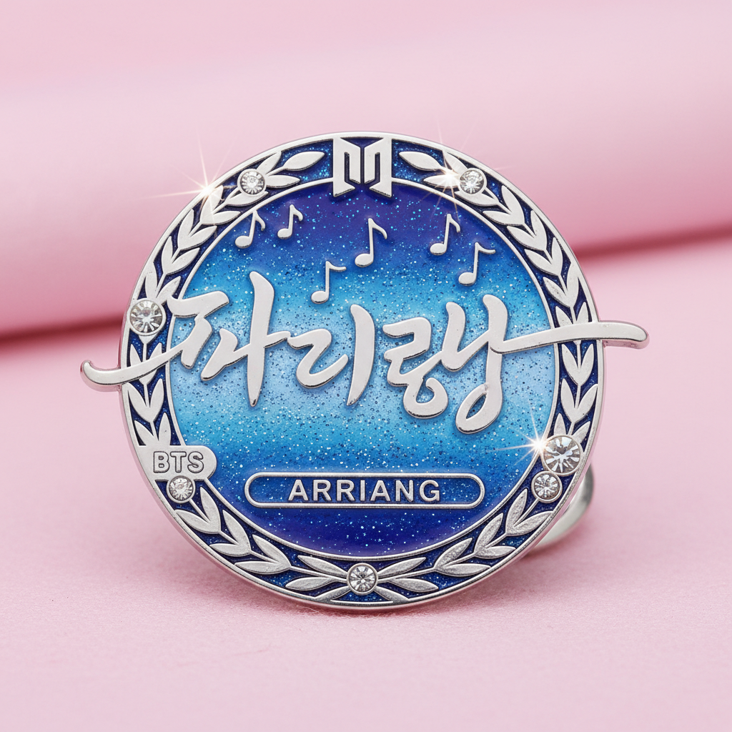 BTS Arirang enamel pin displayed on a soft pink background with sparkle details