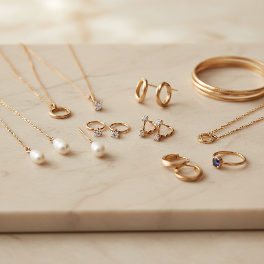 Gold jewelry accessories set on white marble surface