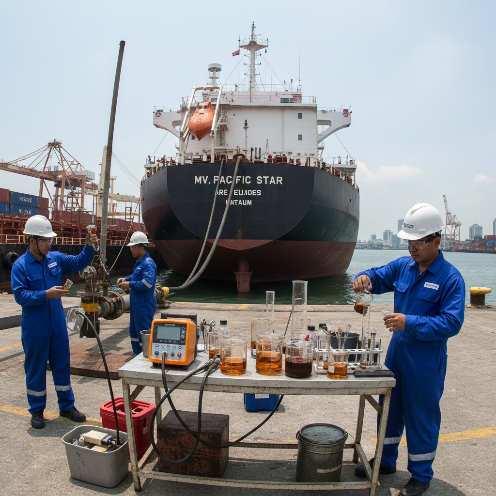 Marine bunker fuel supply operation with fuel hoses, storage tanks, and quality testing equipment at port facility