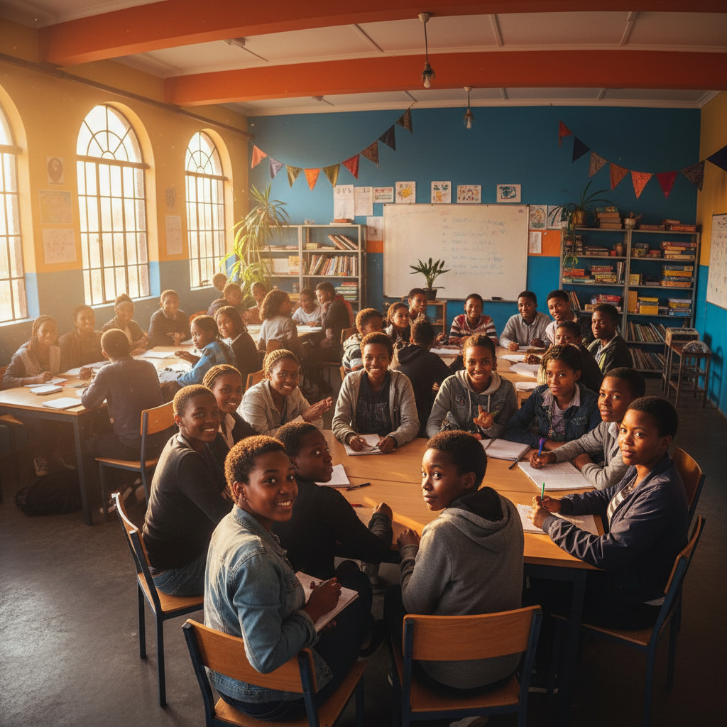 Young Black South African people smiling and engaged, bright airy community space, energetic uplifting atmosphere